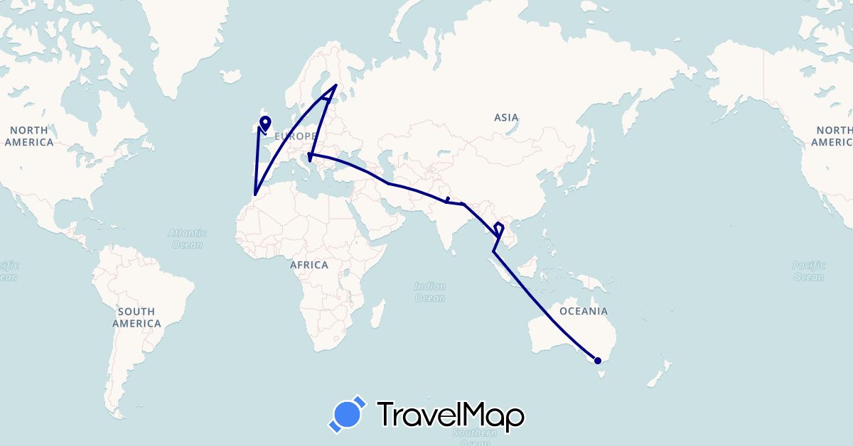 TravelMap itinerary: driving in Australia, Estonia, Finland, United Kingdom, Croatia, Ireland, India, Iran, Laos, Morocco, Nepal, Thailand (Africa, Asia, Europe, Oceania)