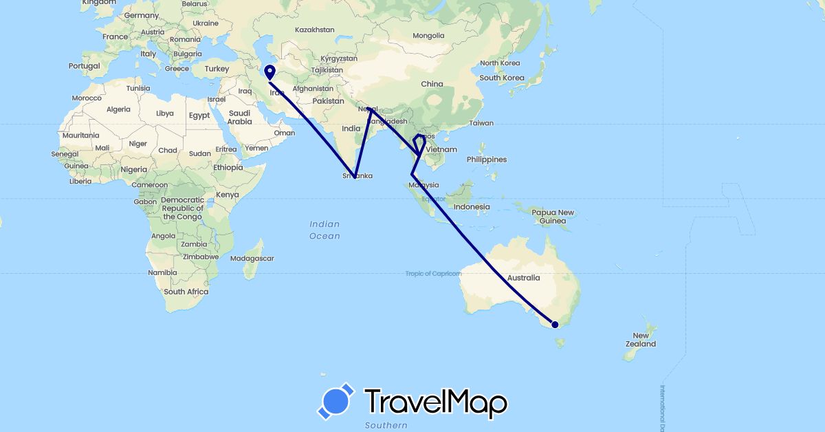 TravelMap itinerary: driving in Australia, Iran, Laos, Sri Lanka, Nepal, Thailand (Asia, Oceania)